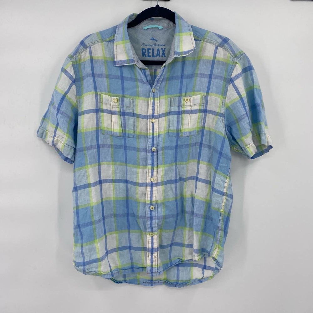 Tommy Bahama Men’s Large 100% Linen Plaid Woven Shirt
